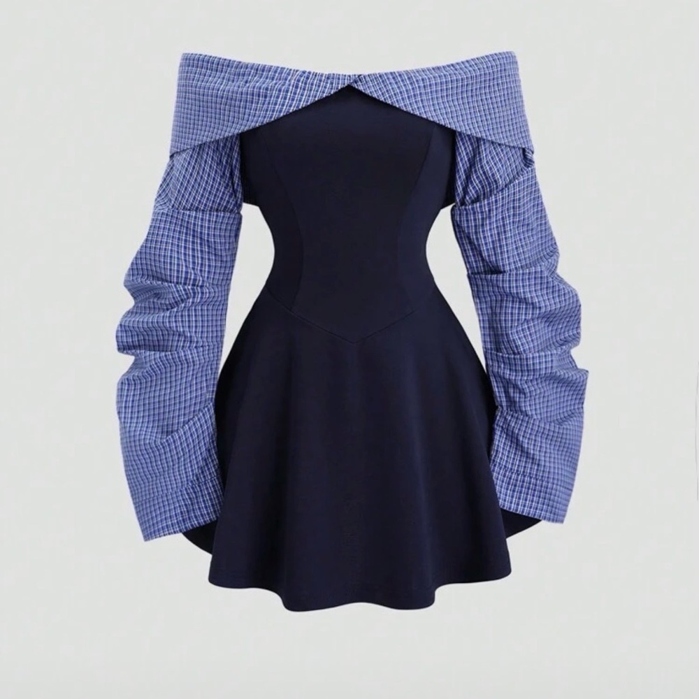 SHEIN Navy and Blue Plaid Off-Shoulder Mini Dress